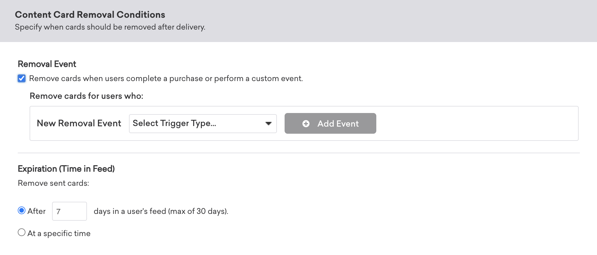 Content Card Removal Conditions panel with Content Card Removal Event option.